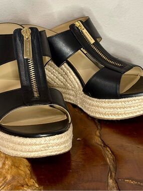 MICHAEL Michael Kors Black Leather Espadrille Platform Sandals with Gold Zipper